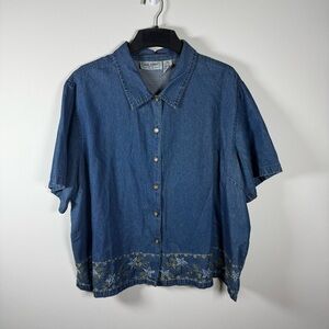 Vintage Jane Ashley Embroidered Floral Cotton Blue Denim Shirt Size 3X Garden